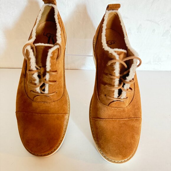 UGG Johanna Spill Seam Loafer Oxford Size 9 Suede Chestnut Wedge - Picture 3 of 13